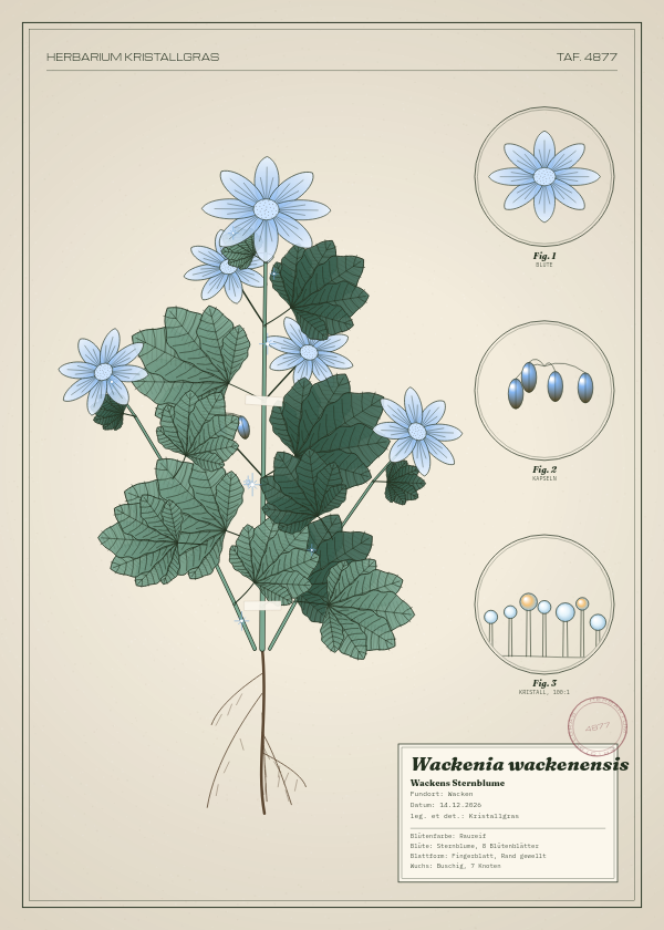 Botanische Tafel: Wackenia wackenensis, eine erfundene Pflanze aus Wacken, gezeichnet wie in einem alten Pflanzenatlas
