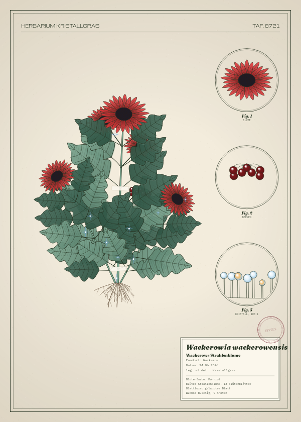 Botanische Tafel: Wackerowia wackerowensis, eine erfundene Pflanze aus Wackerow, gezeichnet wie in einem alten Pflanzenatlas