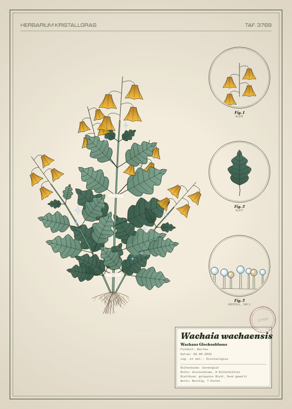 Botanische Tafel: Wachaia wachaensis, eine erfundene Pflanze aus Wachau, gezeichnet wie in einem alten Pflanzenatlas