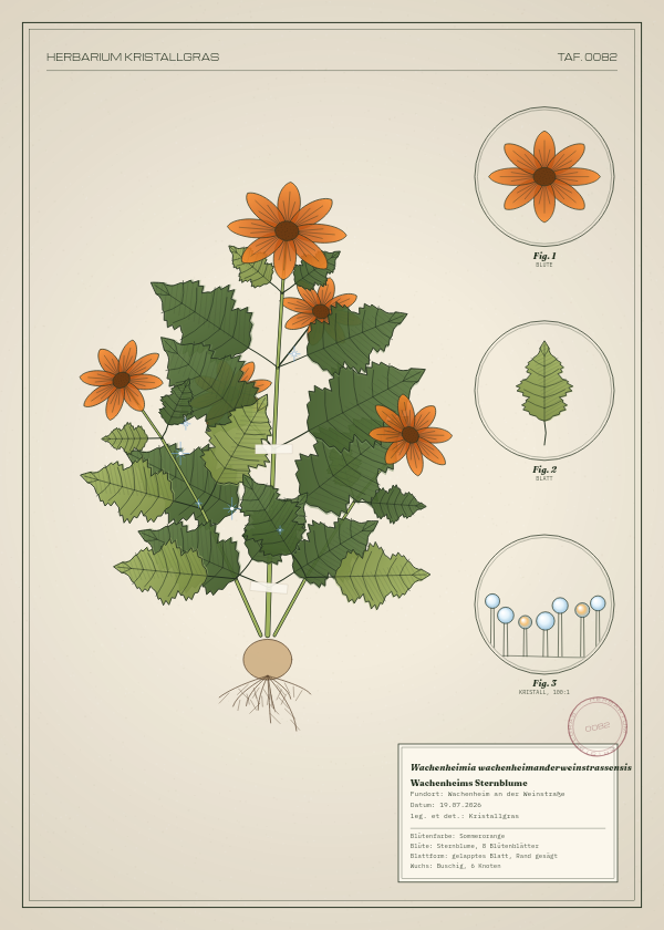 Botanische Tafel: Wachenheimia wachenheimanderweinstrassensis, eine erfundene Pflanze aus Wachenheim an der Weinstraße, gezeichnet wie in einem alten Pflanzenatlas