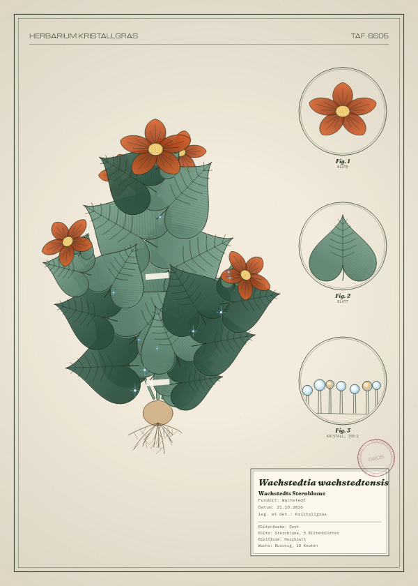Botanische Tafel: Wachstedtia wachstedtensis, eine erfundene Pflanze aus Wachstedt, gezeichnet wie in einem alten Pflanzenatlas