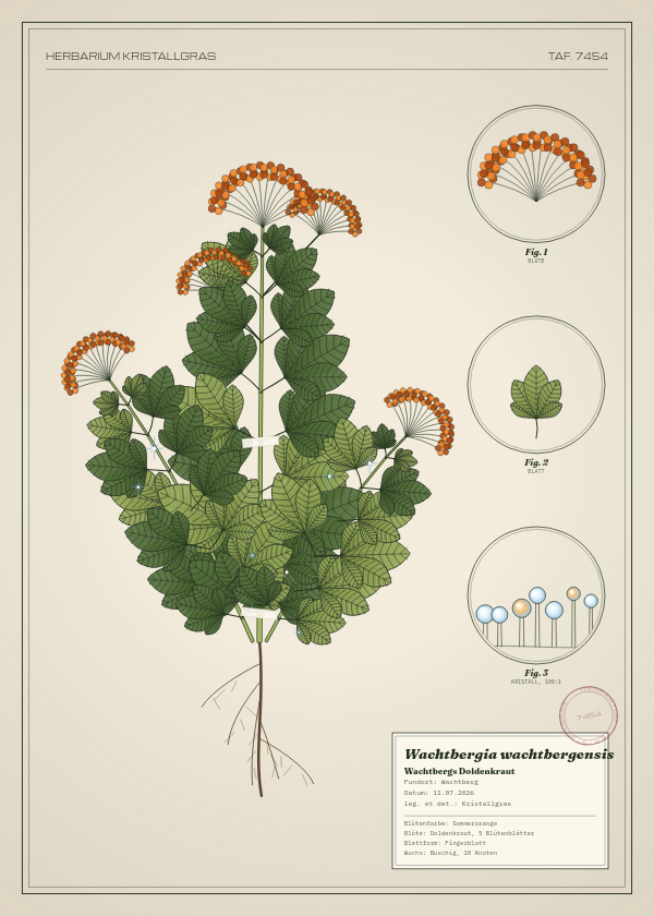 Botanische Tafel: Wachtbergia wachtbergensis, eine erfundene Pflanze aus Wachtberg, gezeichnet wie in einem alten Pflanzenatlas