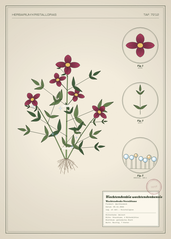 Botanische Tafel: Wachtendonkia wachtendonkensis, eine erfundene Pflanze aus Wachtendonk, gezeichnet wie in einem alten Pflanzenatlas