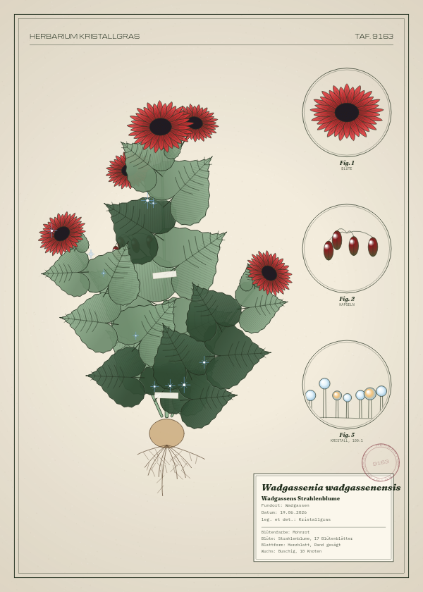 Botanische Tafel: Wadgassenia wadgassenensis, eine erfundene Pflanze aus Wadgassen, gezeichnet wie in einem alten Pflanzenatlas