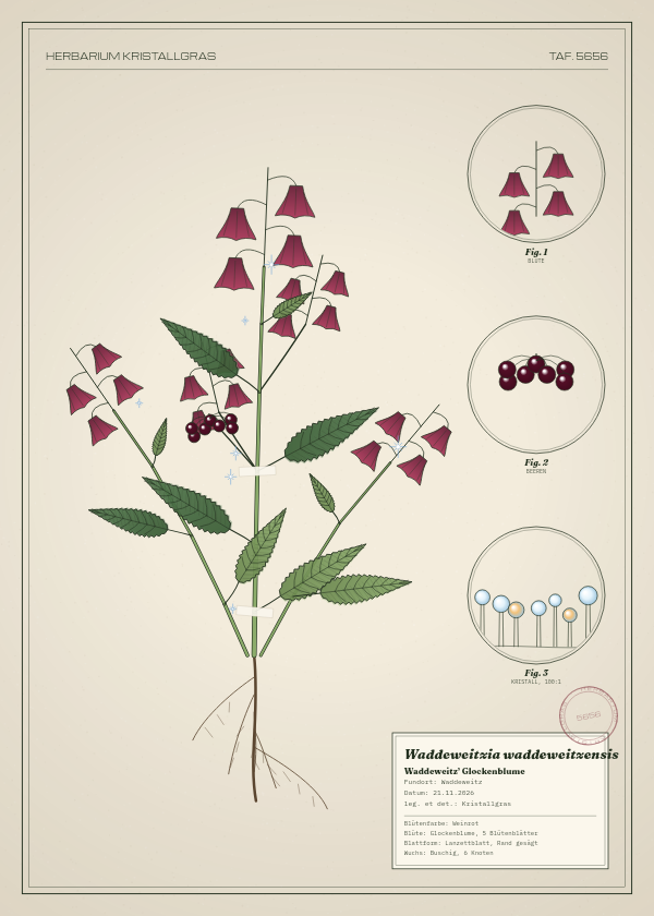 Botanische Tafel: Waddeweitzia waddeweitzensis, eine erfundene Pflanze aus Waddeweitz, gezeichnet wie in einem alten Pflanzenatlas