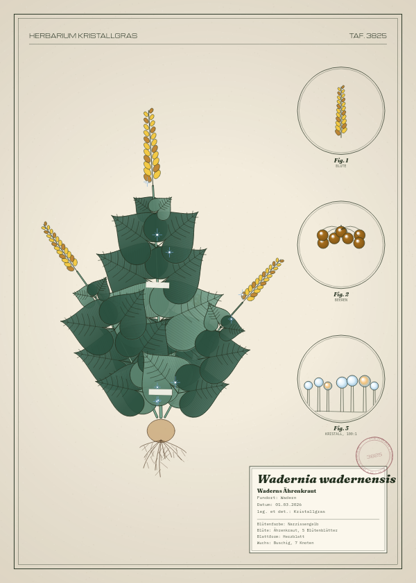 Botanische Tafel: Wadernia wadernensis, eine erfundene Pflanze aus Wadern, gezeichnet wie in einem alten Pflanzenatlas
