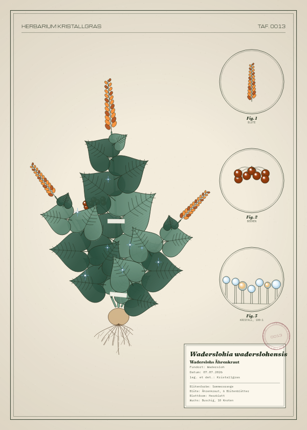 Botanische Tafel: Waderslohia waderslohensis, eine erfundene Pflanze aus Wadersloh, gezeichnet wie in einem alten Pflanzenatlas