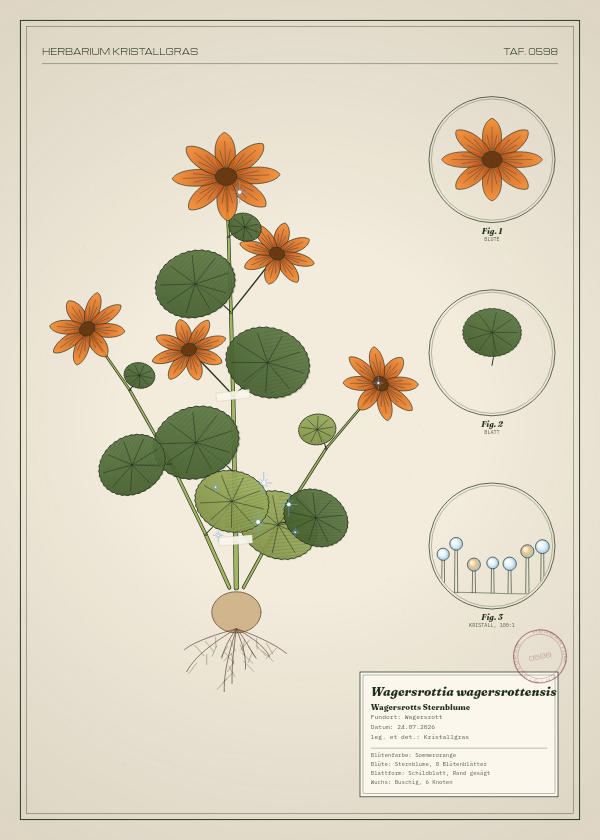 Botanische Tafel: Wagersrottia wagersrottensis, eine erfundene Pflanze aus Wagersrott, gezeichnet wie in einem alten Pflanzenatlas