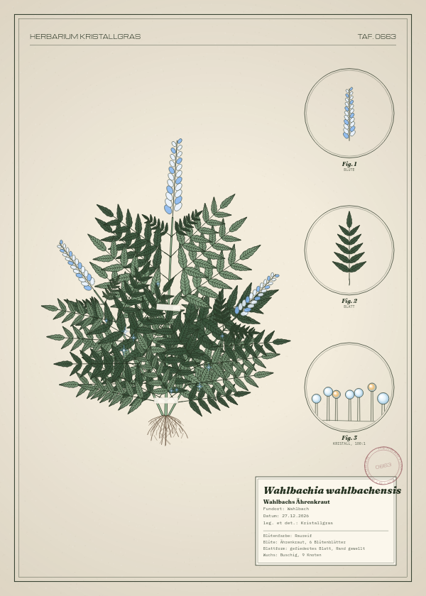 Botanische Tafel: Wahlbachia wahlbachensis, eine erfundene Pflanze aus Wahlbach, gezeichnet wie in einem alten Pflanzenatlas
