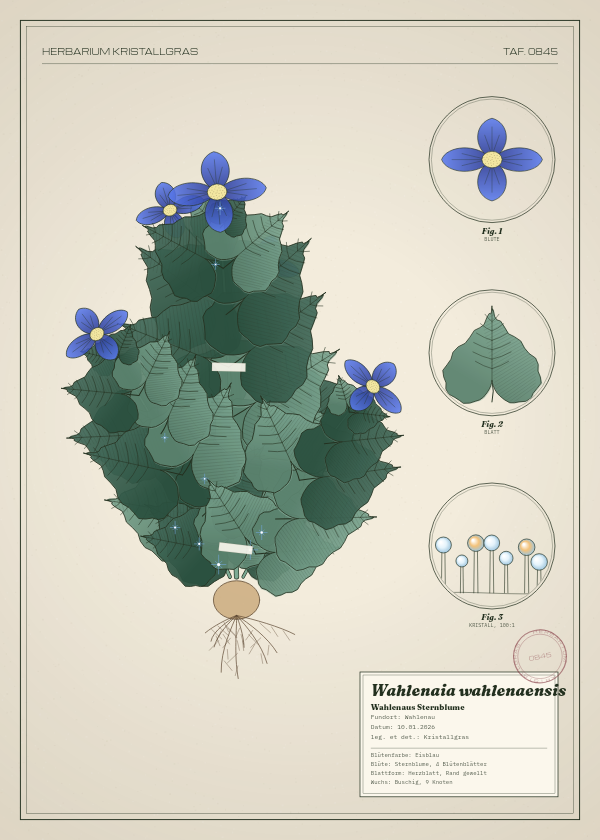 Botanische Tafel: Wahlenaia wahlenaensis, eine erfundene Pflanze aus Wahlenau, gezeichnet wie in einem alten Pflanzenatlas