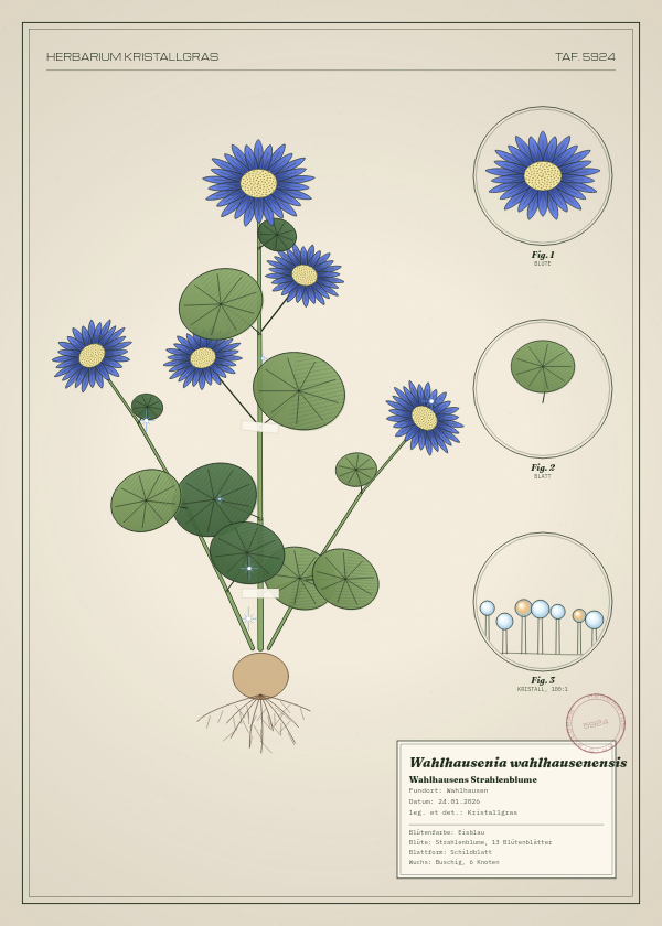 Botanische Tafel: Wahlhausenia wahlhausenensis, eine erfundene Pflanze aus Wahlhausen, gezeichnet wie in einem alten Pflanzenatlas
