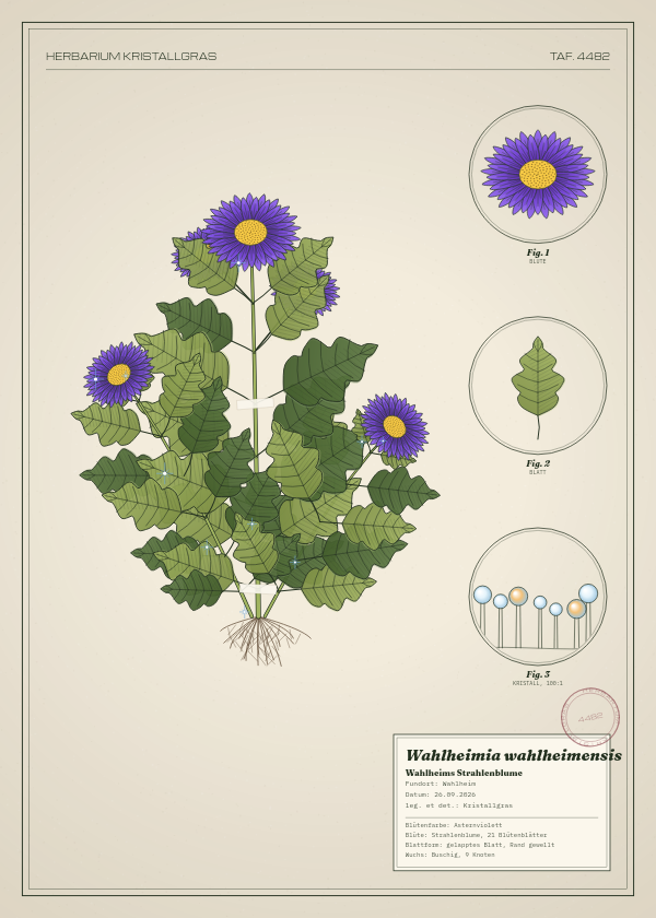 Botanische Tafel: Wahlheimia wahlheimensis, eine erfundene Pflanze aus Wahlheim, gezeichnet wie in einem alten Pflanzenatlas