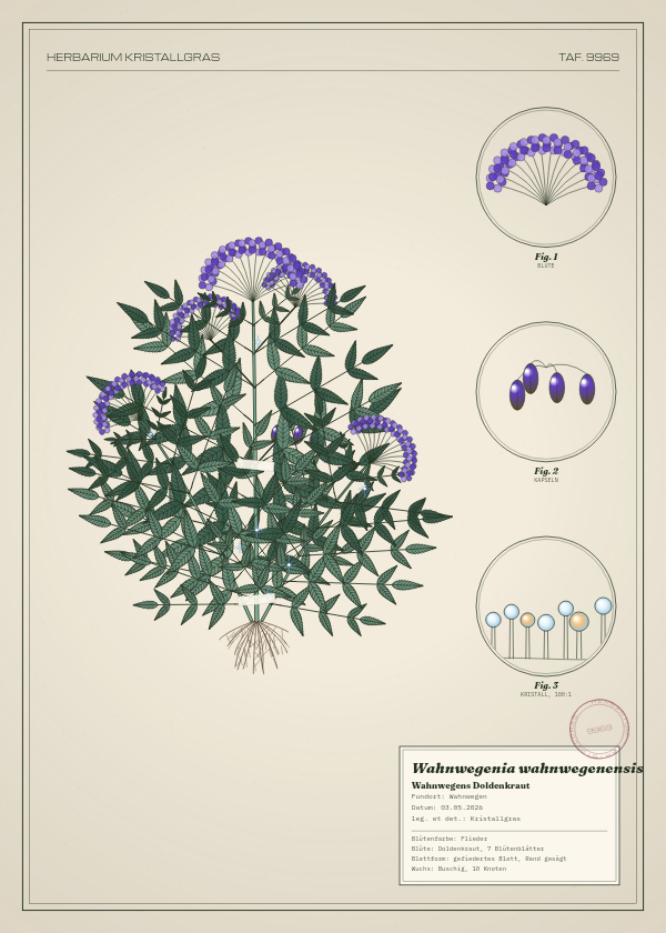 Botanische Tafel: Wahnwegenia wahnwegenensis, eine erfundene Pflanze aus Wahnwegen, gezeichnet wie in einem alten Pflanzenatlas