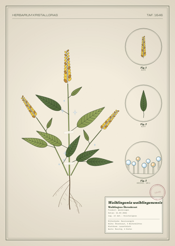 Botanische Tafel: Waiblingenia waiblingenensis, eine erfundene Pflanze aus Waiblingen, gezeichnet wie in einem alten Pflanzenatlas