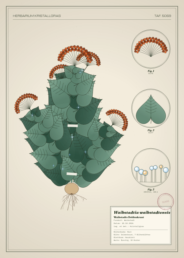 Botanische Tafel: Waibstadtia waibstadtensis, eine erfundene Pflanze aus Waibstadt, gezeichnet wie in einem alten Pflanzenatlas