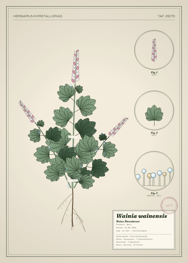 Botanische Tafel: Wainia wainensis, eine erfundene Pflanze aus Wain, gezeichnet wie in einem alten Pflanzenatlas