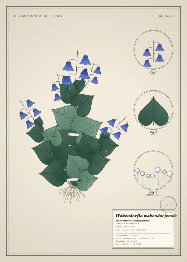 Botanische Tafel: Wakendorfia wakendorfensis, eine erfundene Pflanze aus Wakendorf I, gezeichnet wie in einem alten Pflanzenatlas
