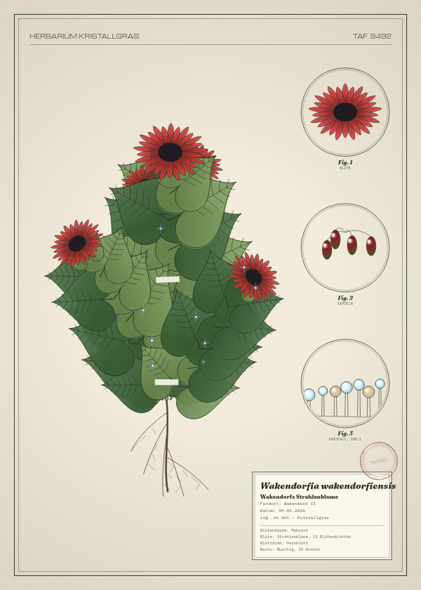 Botanische Tafel: Wakendorfia wakendorfiensis, eine erfundene Pflanze aus Wakendorf II, gezeichnet wie in einem alten Pflanzenatlas