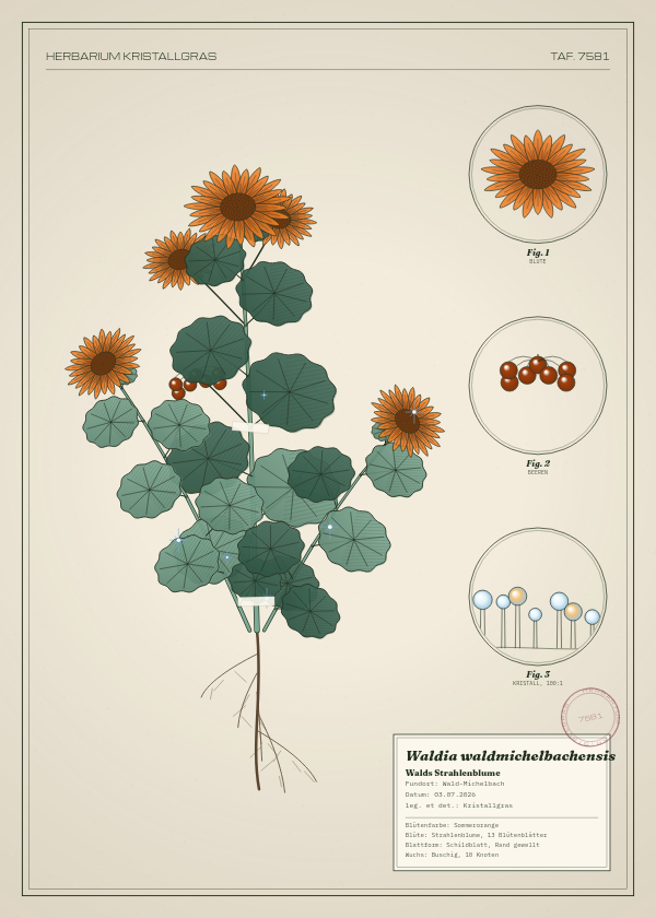 Botanische Tafel: Waldia waldmichelbachensis, eine erfundene Pflanze aus Wald-Michelbach, gezeichnet wie in einem alten Pflanzenatlas