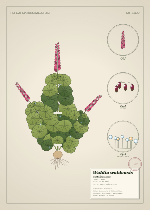Botanische Tafel: Waldia waldensis, eine erfundene Pflanze aus Wald, gezeichnet wie in einem alten Pflanzenatlas