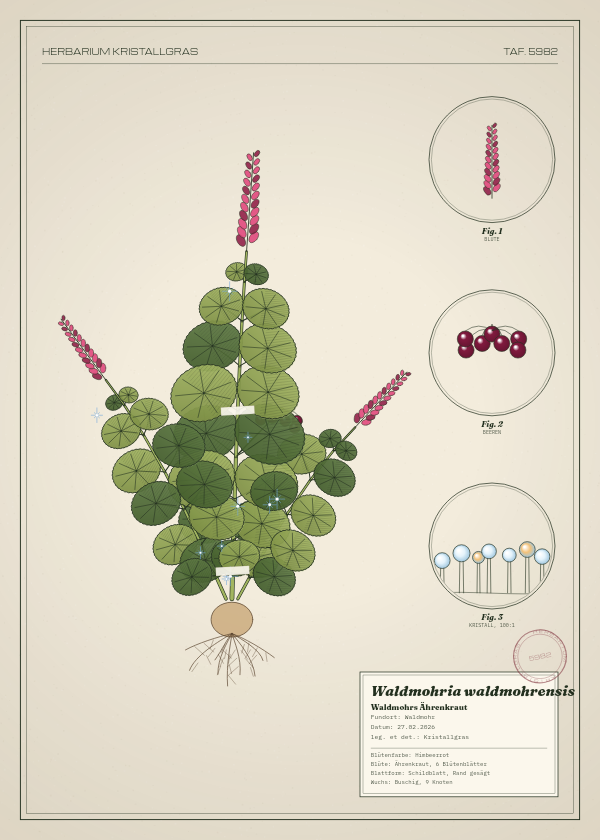 Botanische Tafel: Waldmohria waldmohrensis, eine erfundene Pflanze aus Waldmohr, gezeichnet wie in einem alten Pflanzenatlas