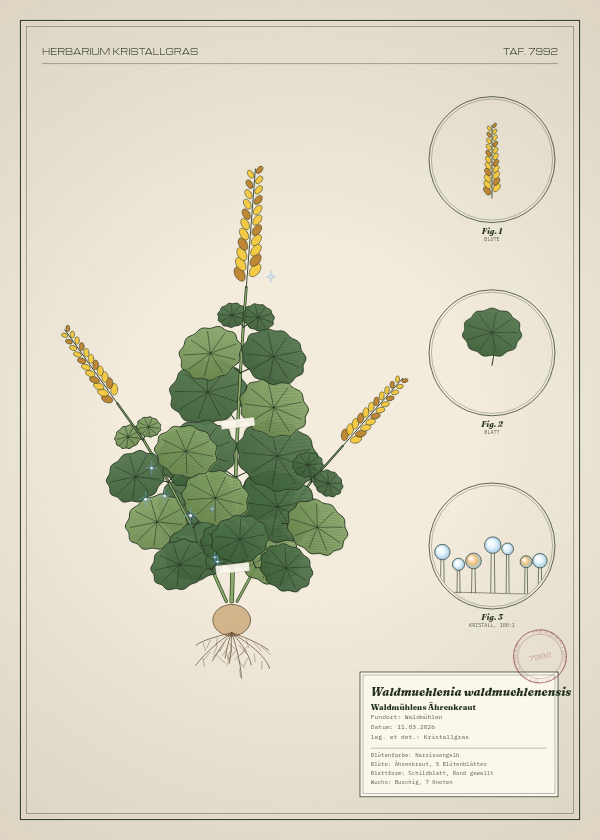 Botanische Tafel: Waldmuehlenia waldmuehlenensis, eine erfundene Pflanze aus Waldmühlen, gezeichnet wie in einem alten Pflanzenatlas