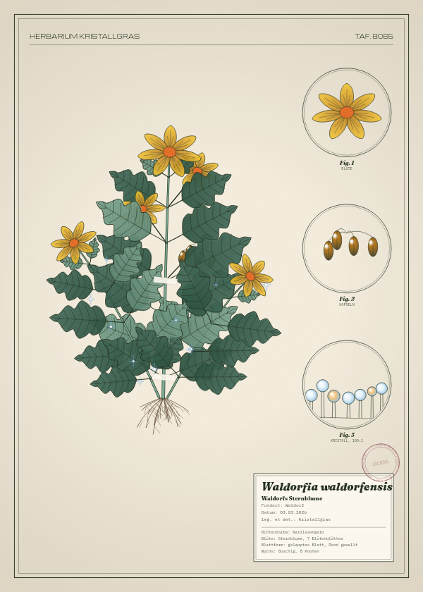 Botanische Tafel: Waldorfia waldorfensis, eine erfundene Pflanze aus Waldorf, gezeichnet wie in einem alten Pflanzenatlas