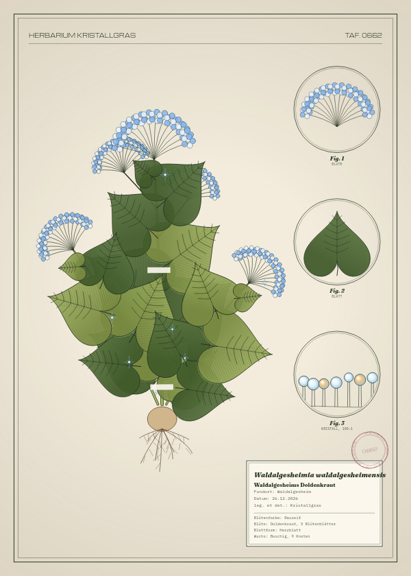 Botanische Tafel: Waldalgesheimia waldalgesheimensis, eine erfundene Pflanze aus Waldalgesheim, gezeichnet wie in einem alten Pflanzenatlas