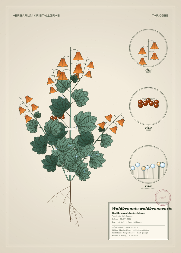 Botanische Tafel: Waldbrunnia waldbrunnensis, eine erfundene Pflanze aus Waldbrunn, gezeichnet wie in einem alten Pflanzenatlas