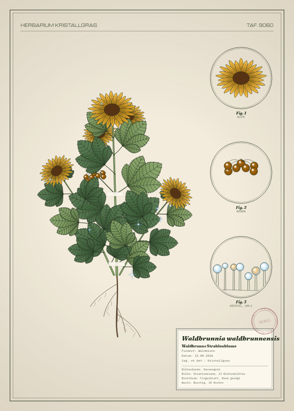 Botanische Tafel: Waldbrunnia waldbrunnensis, eine erfundene Pflanze aus Waldbrunn, gezeichnet wie in einem alten Pflanzenatlas