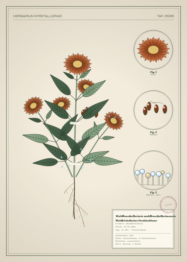 Botanische Tafel: Waldboeckelheimia waldboeckelheimensis, eine erfundene Pflanze aus Waldböckelheim, gezeichnet wie in einem alten Pflanzenatlas