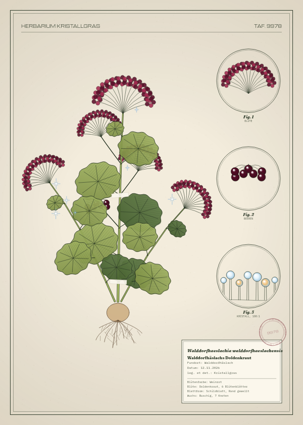 Botanische Tafel: Walddorfhaeslachia walddorfhaeslachensis, eine erfundene Pflanze aus Walddorfhäslach, gezeichnet wie in einem alten Pflanzenatlas