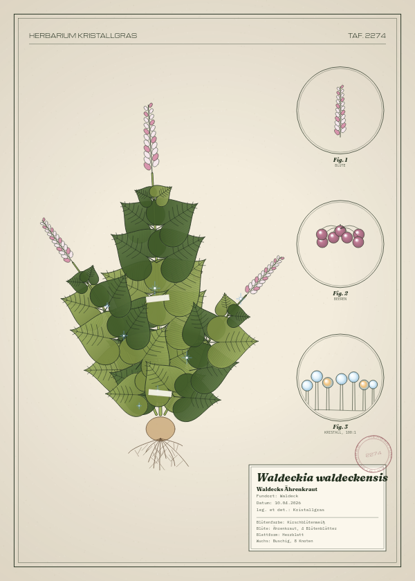 Botanische Tafel: Waldeckia waldeckensis, eine erfundene Pflanze aus Waldeck, gezeichnet wie in einem alten Pflanzenatlas