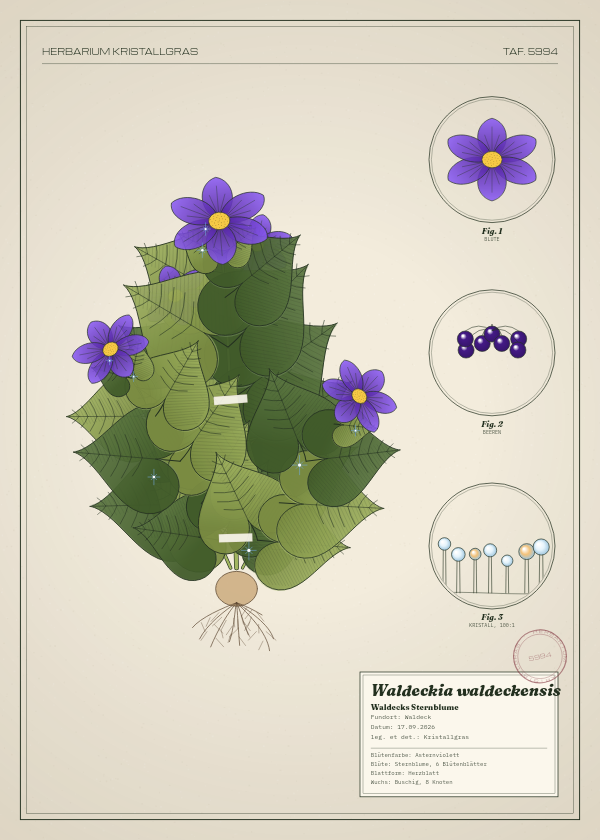 Botanische Tafel: Waldeckia waldeckensis, eine erfundene Pflanze aus Waldeck, gezeichnet wie in einem alten Pflanzenatlas