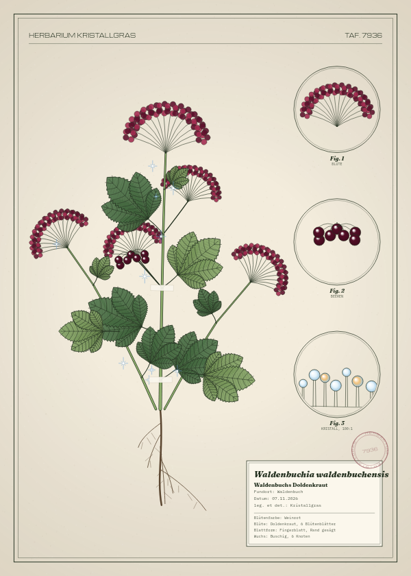 Botanische Tafel: Waldenbuchia waldenbuchensis, eine erfundene Pflanze aus Waldenbuch, gezeichnet wie in einem alten Pflanzenatlas