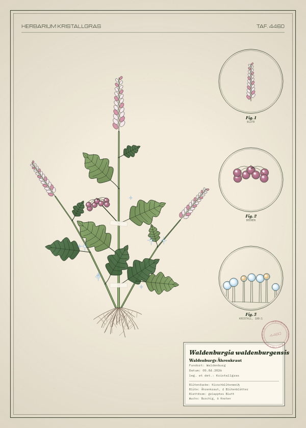 Botanische Tafel: Waldenburgia waldenburgensis, eine erfundene Pflanze aus Waldenburg, gezeichnet wie in einem alten Pflanzenatlas