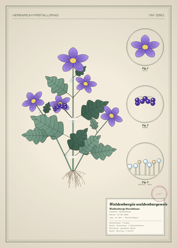 Botanische Tafel: Waldenburgia waldenburgensis, eine erfundene Pflanze aus Waldenburg, gezeichnet wie in einem alten Pflanzenatlas