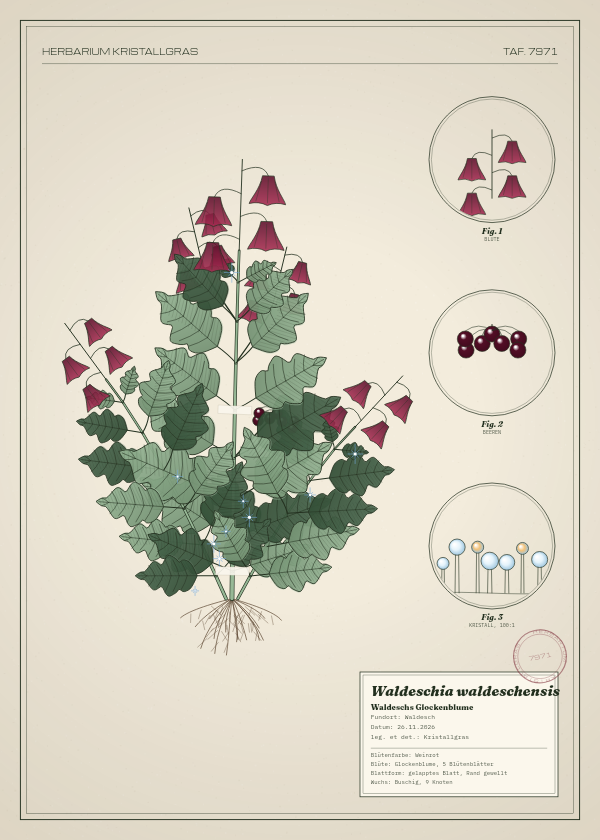 Botanische Tafel: Waldeschia waldeschensis, eine erfundene Pflanze aus Waldesch, gezeichnet wie in einem alten Pflanzenatlas