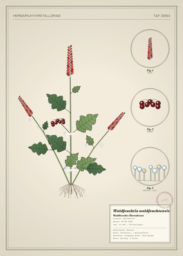 Botanische Tafel: Waldfeuchtia waldfeuchtensis, eine erfundene Pflanze aus Waldfeucht, gezeichnet wie in einem alten Pflanzenatlas