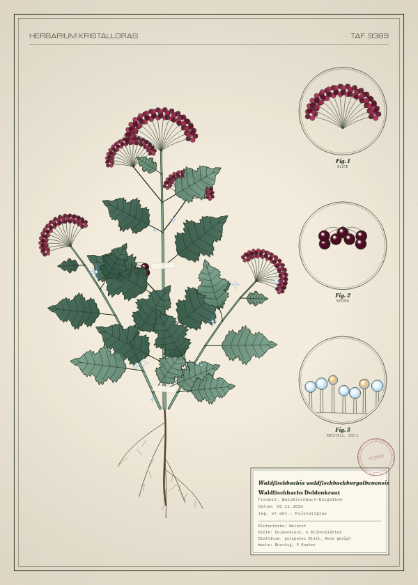 Botanische Tafel: Waldfischbachia waldfischbachburgalbenensis, eine erfundene Pflanze aus Waldfischbach-Burgalben, gezeichnet wie in einem alten Pflanzenatlas