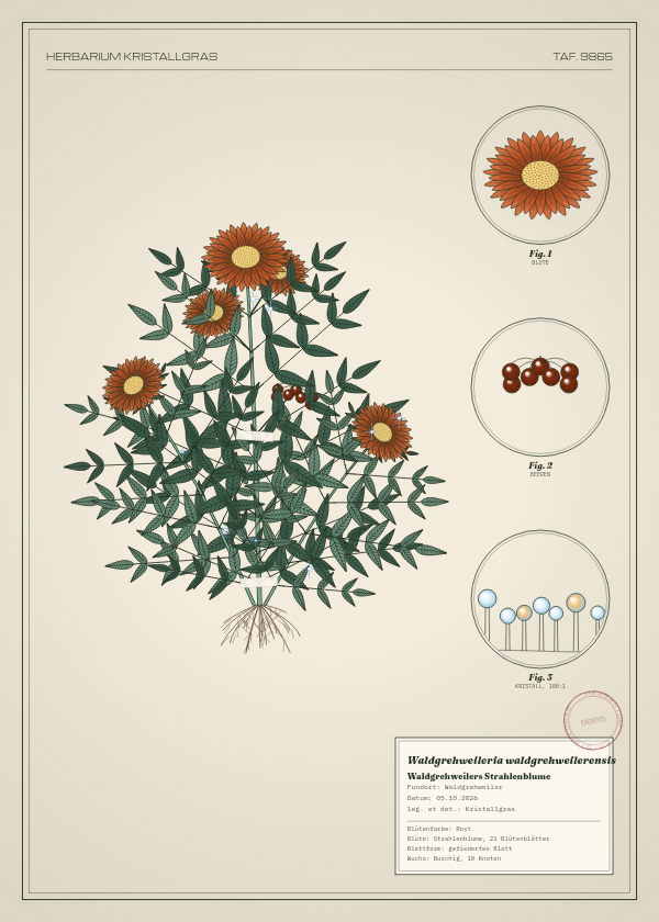 Botanische Tafel: Waldgrehweileria waldgrehweilerensis, eine erfundene Pflanze aus Waldgrehweiler, gezeichnet wie in einem alten Pflanzenatlas