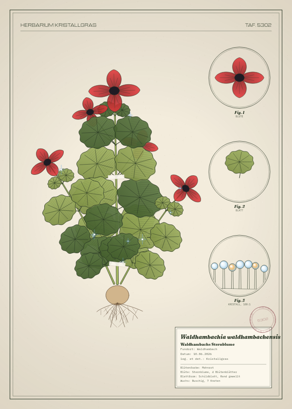 Botanische Tafel: Waldhambachia waldhambachensis, eine erfundene Pflanze aus Waldhambach, gezeichnet wie in einem alten Pflanzenatlas