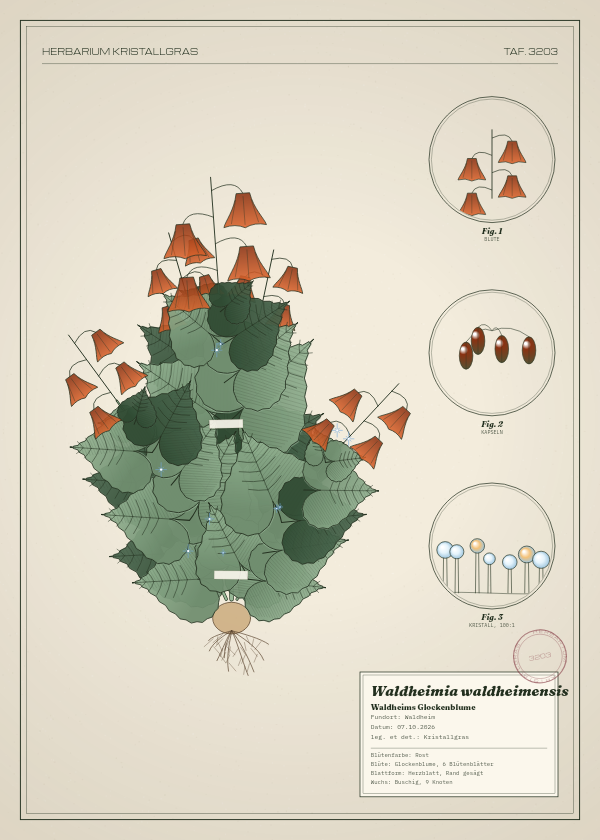 Botanische Tafel: Waldheimia waldheimensis, eine erfundene Pflanze aus Waldheim, gezeichnet wie in einem alten Pflanzenatlas