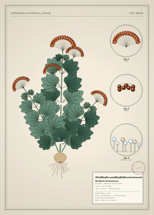 Botanische Tafel: Waldhofia waldhoffalkensteinensis, eine erfundene Pflanze aus Waldhof-Falkenstein, gezeichnet wie in einem alten Pflanzenatlas