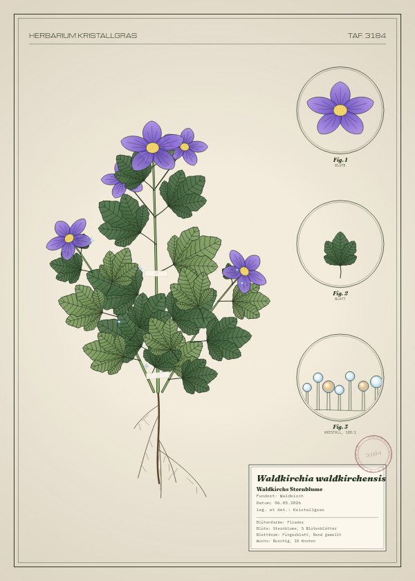 Botanische Tafel: Waldkirchia waldkirchensis, eine erfundene Pflanze aus Waldkirch, gezeichnet wie in einem alten Pflanzenatlas
