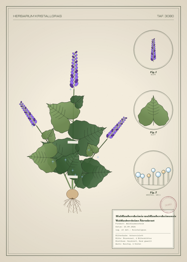 Botanische Tafel: Waldlaubersheimia waldlaubersheimensis, eine erfundene Pflanze aus Waldlaubersheim, gezeichnet wie in einem alten Pflanzenatlas
