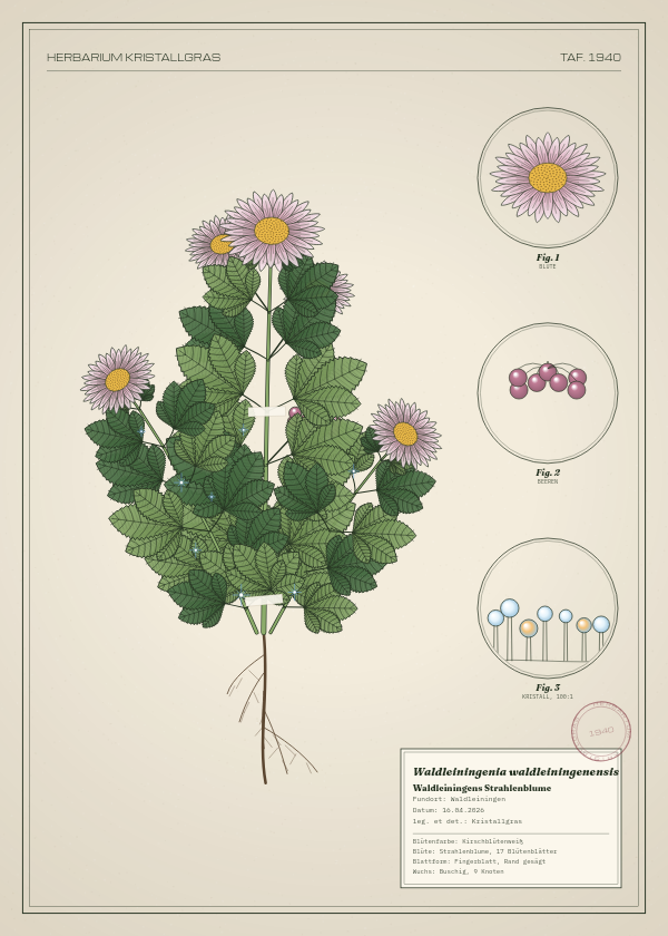 Botanische Tafel: Waldleiningenia waldleiningenensis, eine erfundene Pflanze aus Waldleiningen, gezeichnet wie in einem alten Pflanzenatlas