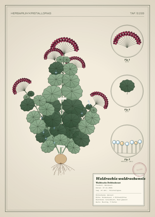 Botanische Tafel: Waldrachia waldrachensis, eine erfundene Pflanze aus Waldrach, gezeichnet wie in einem alten Pflanzenatlas