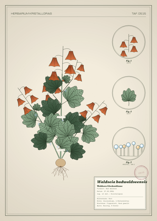 Botanische Tafel: Waldseia badwaldseensis, eine erfundene Pflanze aus Bad Waldsee, gezeichnet wie in einem alten Pflanzenatlas