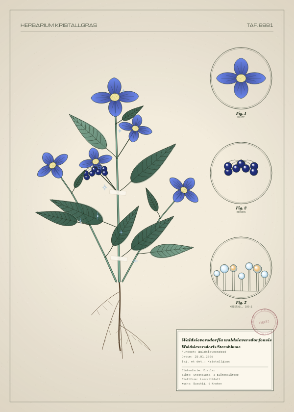 Botanische Tafel: Waldsieversdorfia waldsieversdorfensis, eine erfundene Pflanze aus Waldsieversdorf, gezeichnet wie in einem alten Pflanzenatlas